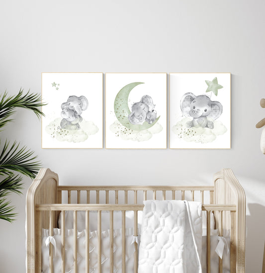 Sage green nursery decor, elephant nursery, gender neutral prints, nursery wall art, animal prints, green nursery wall art, baby room