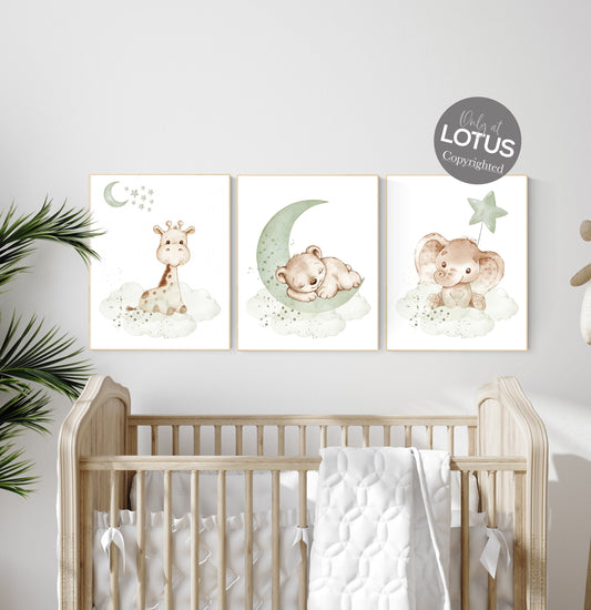 Nursery wall art animals, green nursery, gender neutral nursery, sage green, baby room decor, bear, elephant, giraffe, animal prints