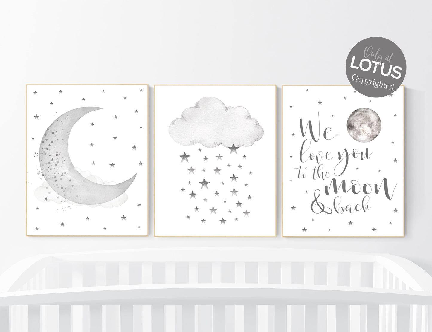 Nursery wall art grey, gray nursery, nursery decor neutral, baby room decor gender neutral, moon and stars, grey nursery decor baby room art
