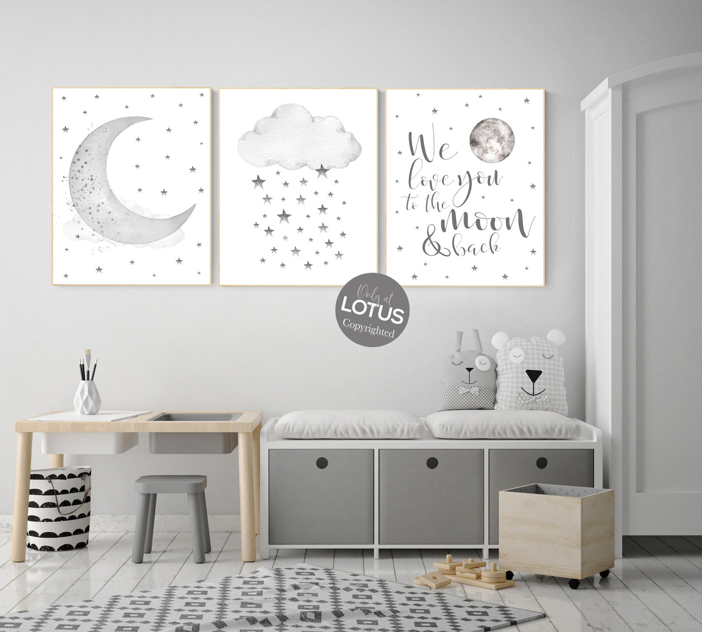 Nursery wall art grey, gray nursery, nursery decor neutral, baby room decor gender neutral, moon and stars, grey nursery decor baby room art