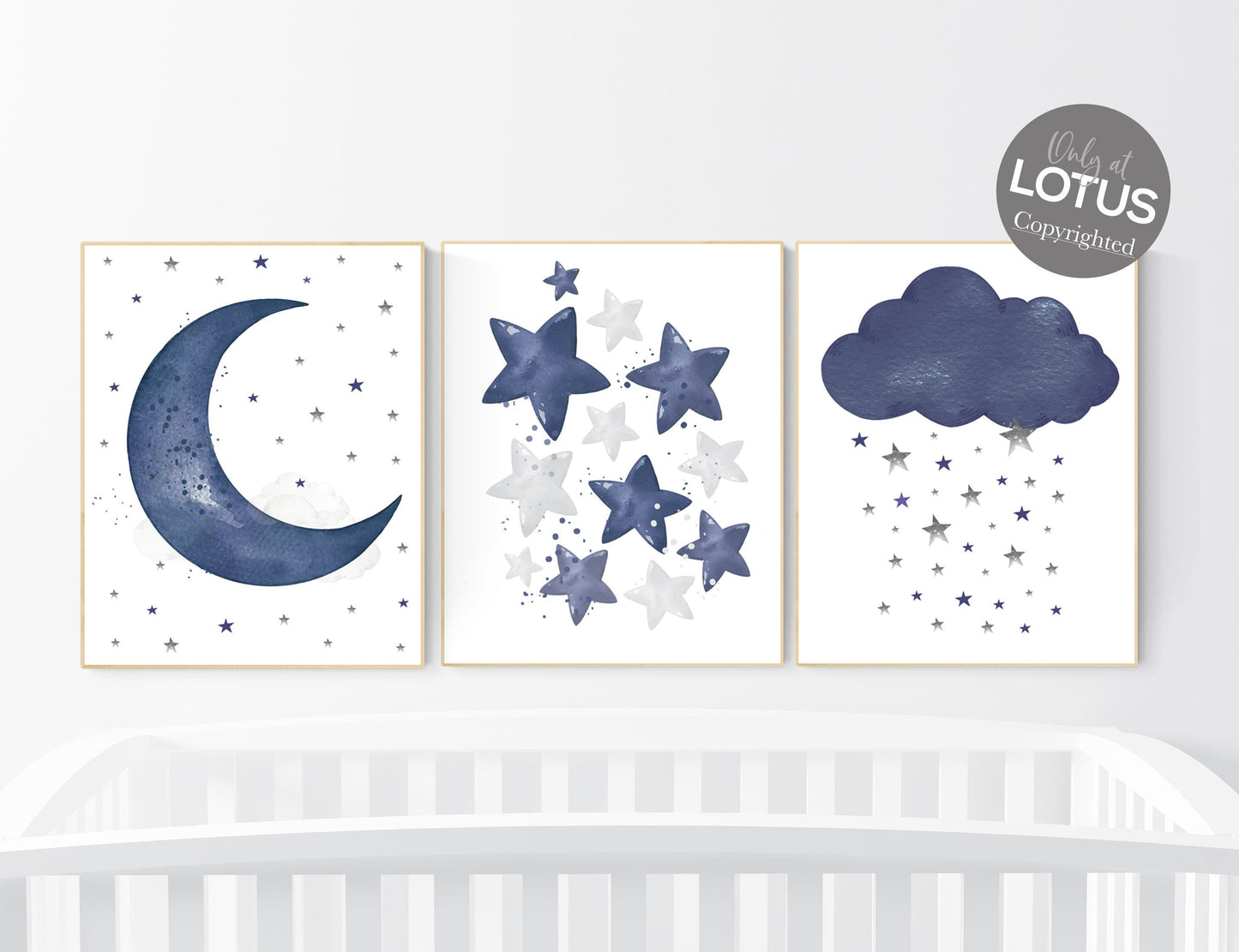 Navy nursery decor, cloud and stars, moon and stars, navy blue nursery art. baby room wall art, boy nursery decor, set of 3, nursery art