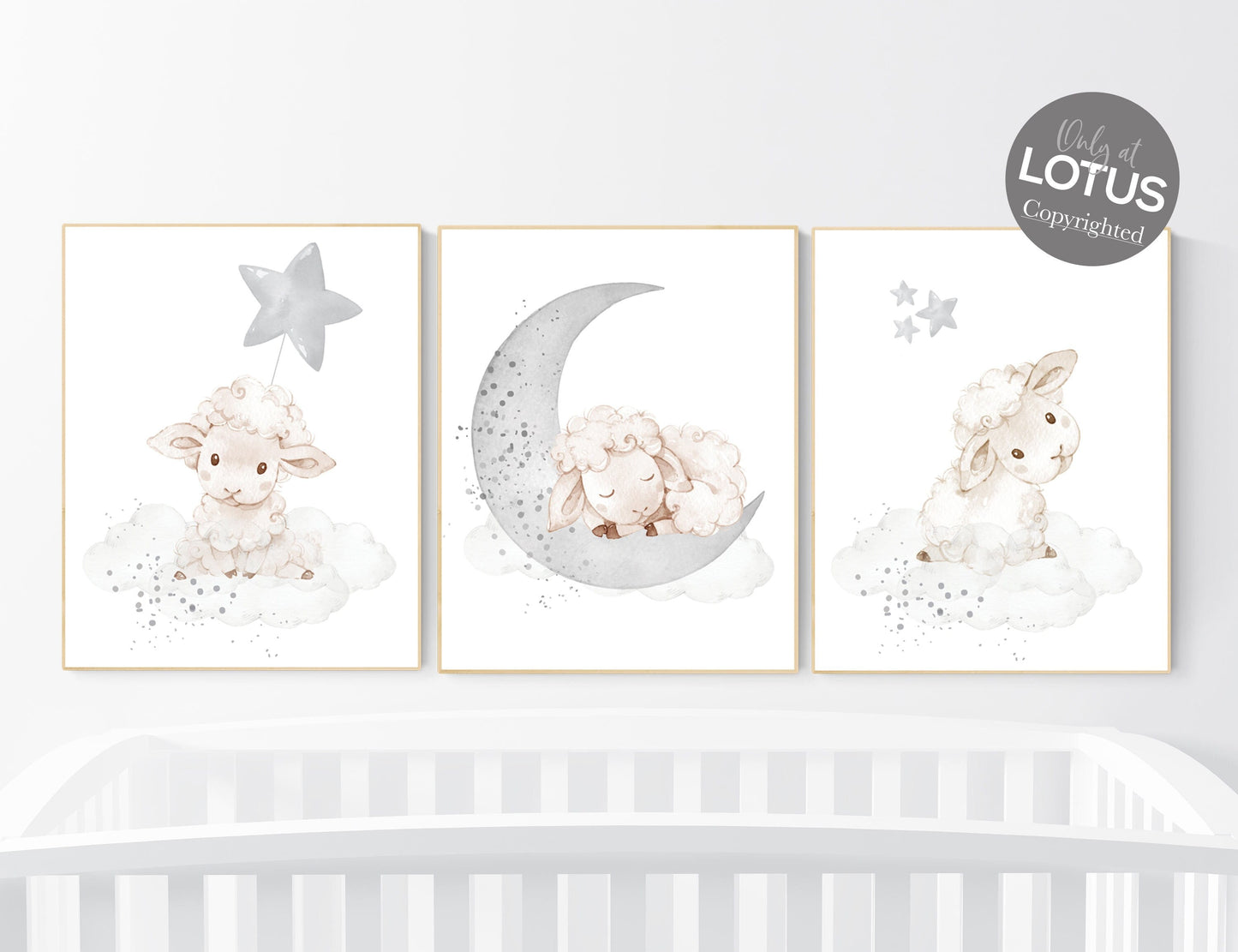 Sheep nursery decor, Gray nursery decor, nursery decor lambs, nursery wall art sheep, moon and cloud wall art nursery gender neutral nursery
