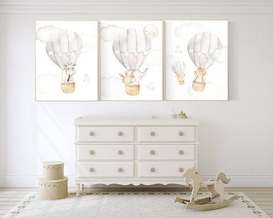 Nursery decor neutral, hot air balloon, woodland animals, gender neutral, baby room decor, elephant, bunny, giraffe, nursery prints