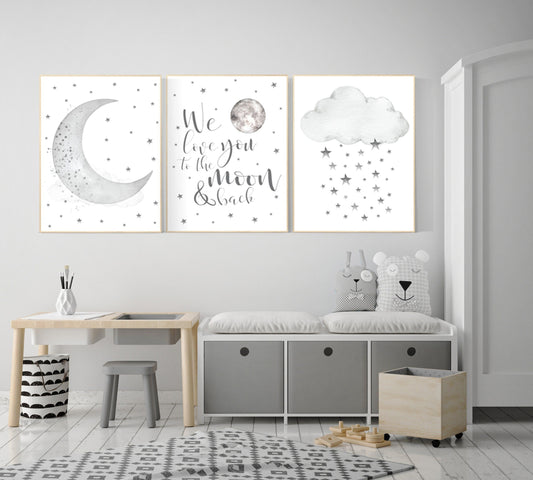 Nursery wall art grey, gray nursery, nursery decor neutral, baby room decor gender neutral, moon and stars, grey nursery decor baby room art