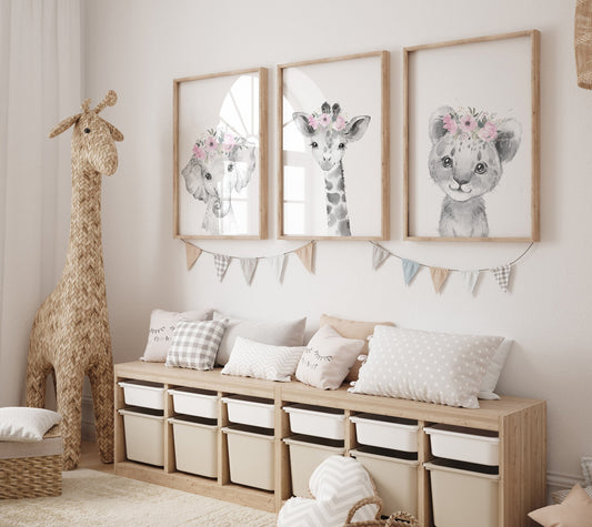 Safari Animals, girl nursery, Animals Prints, Woodland Nursery Decor, Safari Nursery Wall Art, floral animal prints, Pink Safari Animals