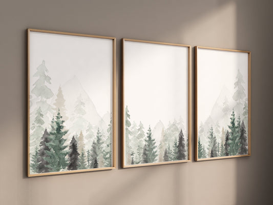 Nursery decor mountain, nursery wall art, tree nursery decor, adventure theme nursery, forest, sage green, beige, woodland animals