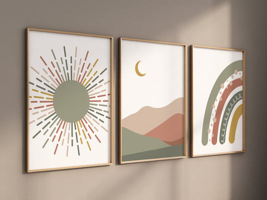 Boho Nursery, rainbow nursery, earth colors, Nursery decor gender neutral, moon nursery, Abstract Art, sun nursery, Mid Century Print