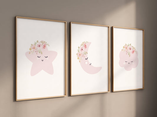 Moon nursery decor, baby pink nursery, flower nursery, nursery decor girl, star print, cloud print, girls room decor, pink nursery
