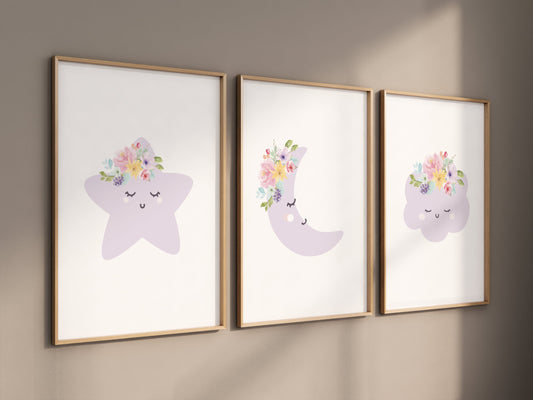 Purple nursery, Moon wall art, Moon nursery decor, flower nursery, nursery decor girl, lilac nursery, cloud print, girls room decor, floral