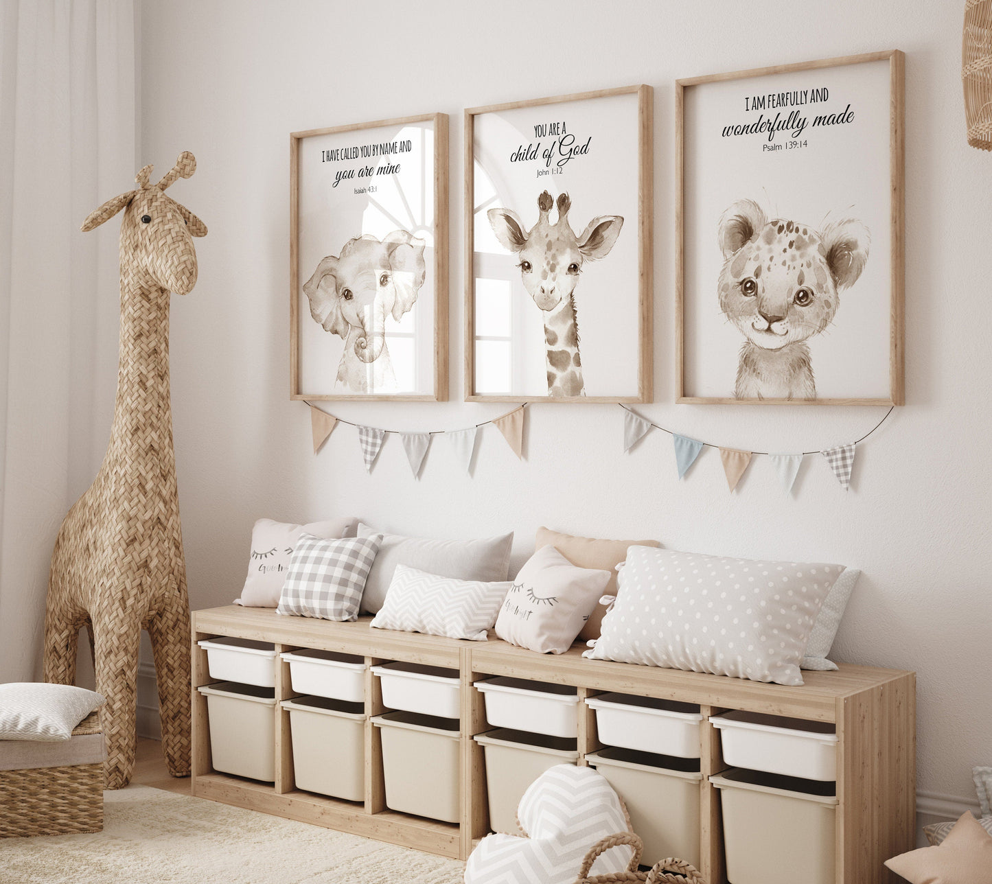 Nursery wall art animals, gray nursery, gender neutral, neutral nursery, verse nursery, bible verse, bear, elephant, giraffe, animal prints
