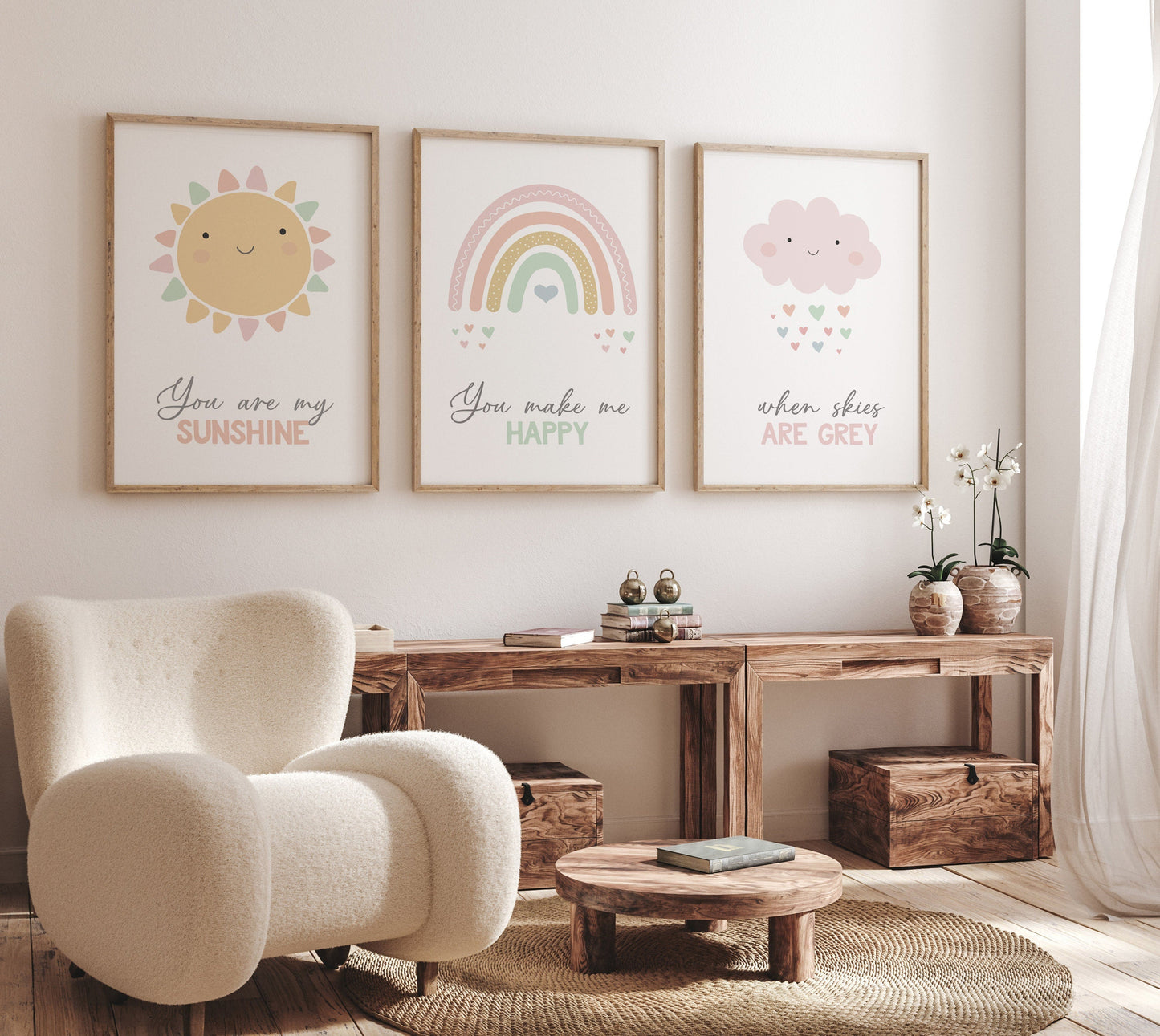 Rainbow wall art, Rainbow nursery print, pastel colors, Pink nursery decor, You are my sunshine, nursery art, Girl bedroom art, sun print