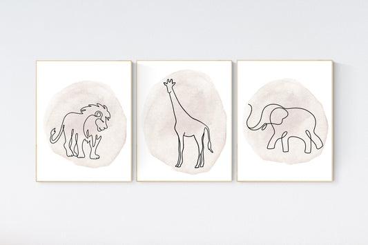 Nursery wall art animals, line art, animal nursery, gender neutral nursery, neutral nursery, beige nursery, lion, elephant, giraffe