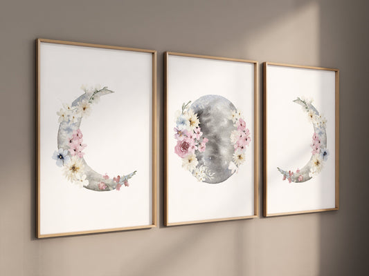 Nursery wall art girl, Moon phases, flower nursery, Moon wall art, botanical nursery, Full moon, Moon print, Moon nursery, girls room