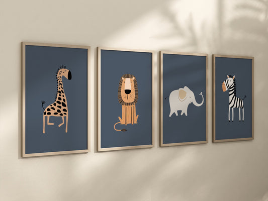 Safari Nursery Wall Prints, Boho Nursery Prints, jungle animals, navy blue, Nursery Art, animal Nursery Decor, animal prints