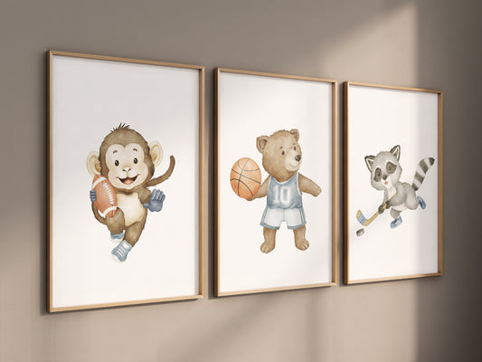 Sports nursery decor, Baby Animals Sport, Baby boy sports nursery, Safari nursery, basketball, football, hockey nursery, animal sports