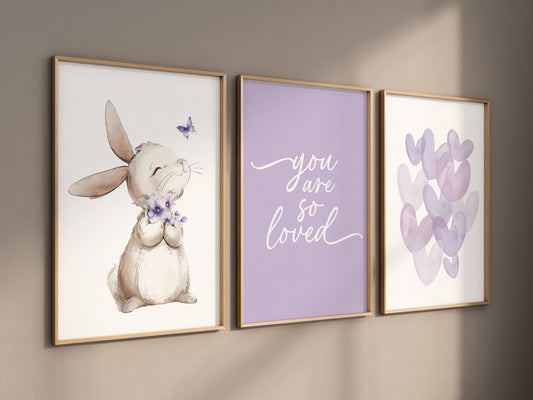 Bunny nursery, heart print, you are so loved, Girl bedroom art, name print, girls room decor, purple nursery, lilac nursery, girl nursery