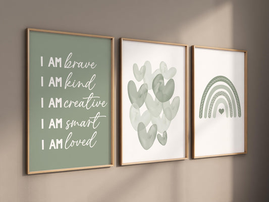Nursery decor Boho, rainbow nursery, sage nursery, boys room decor, sage green nursery, I am brave, heart print, gender neutral nursery