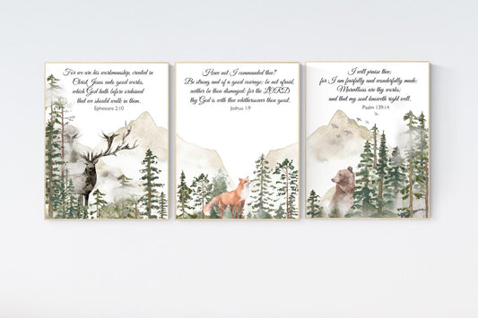 Nursery decor woodland, mountain wall art, tree nursery decor, adventure theme nursery, forest, sage green, bible nursery, verse nursery