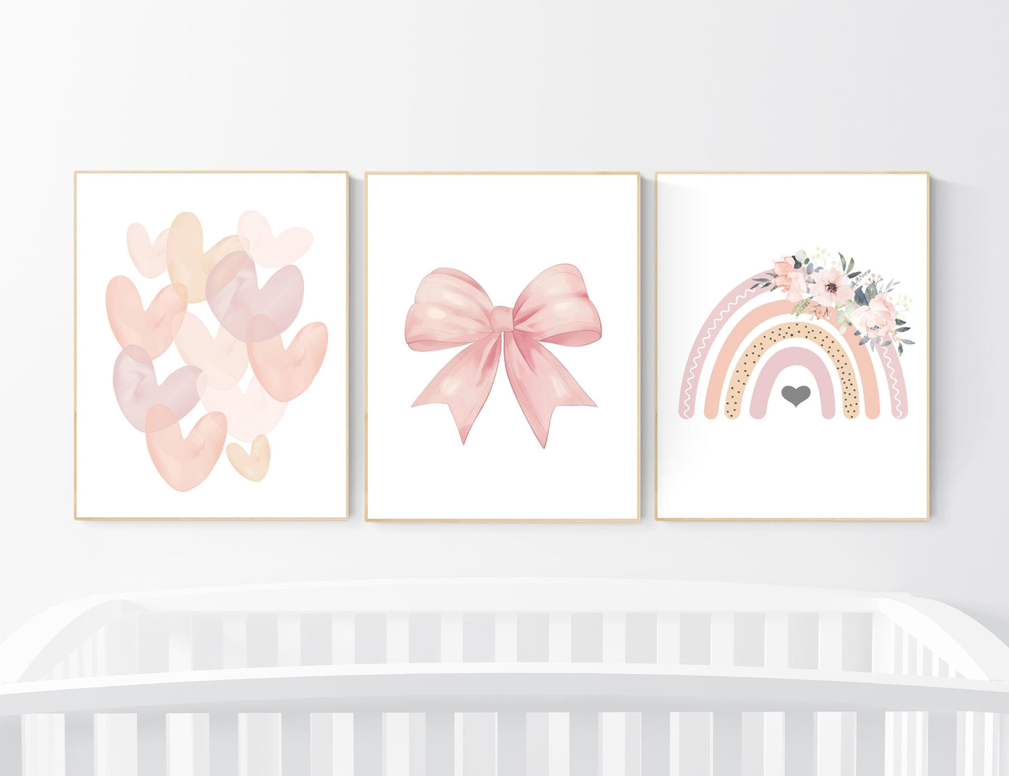 Rainbow nursery, heart print, bow print, Girl bedroom art, girls room decor, blush nursery, baby girl wall art, blush nursery