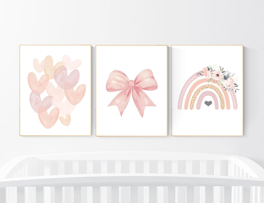 Rainbow nursery, heart print, bow print, Girl bedroom art, girls room decor, blush nursery, baby girl wall art, blush nursery