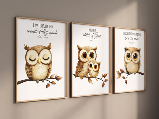 Owl wall art, owl nursery decor, cute owl prints, neutral gender nursery art, Owl wall art, owl prints, bible verse, christian art