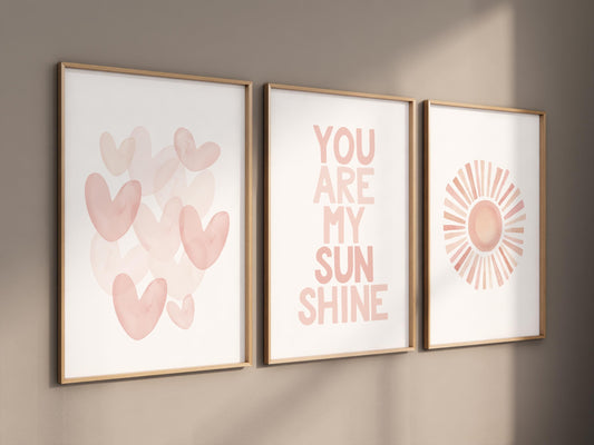 Blush nursery wall art, You Are My Sunshine prints, Heart print, sun print, nursery wall art, boho nursery, blush pink, boho prints