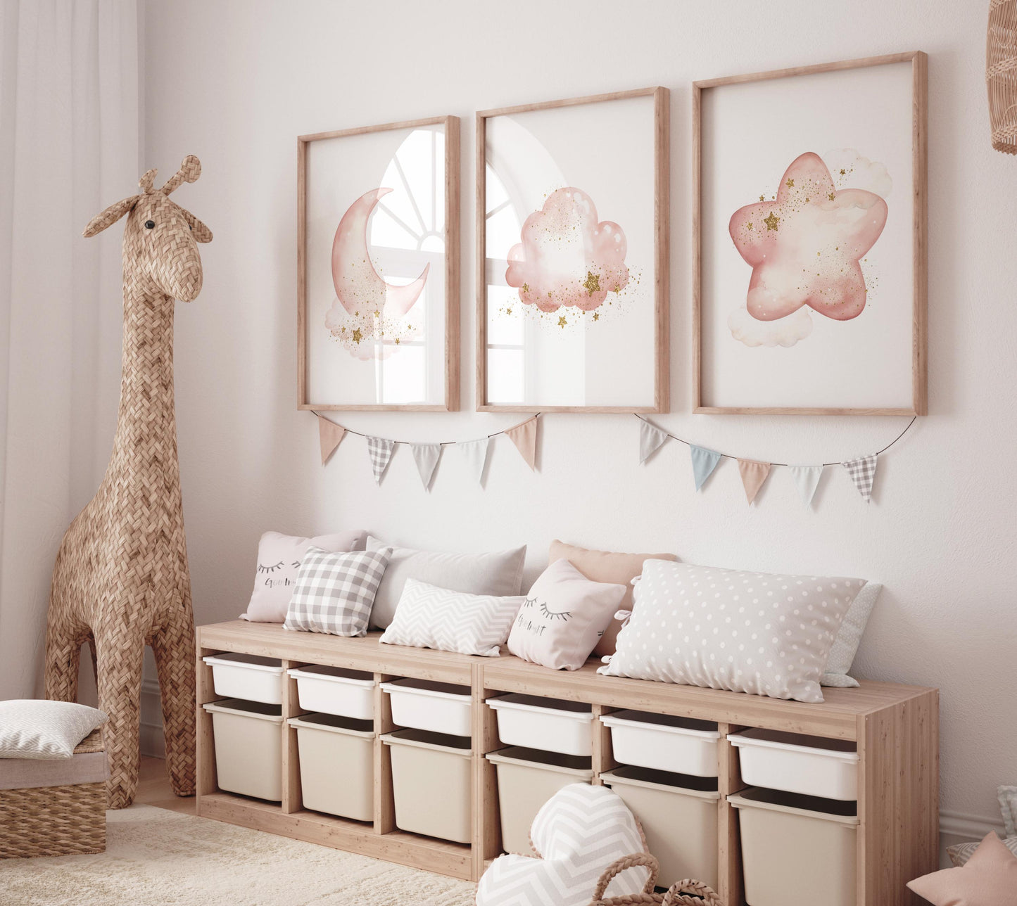 Blush moon and stars nursery art, Moon, cloud, and star prints for baby room, Nursery prints rainbow, pink and gold nursery artwork