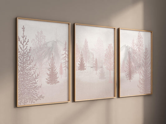Nursery decor woodland, mountain wall art, pink nursery decor, adventure theme nursery, forest, pink and gray, woodland animals