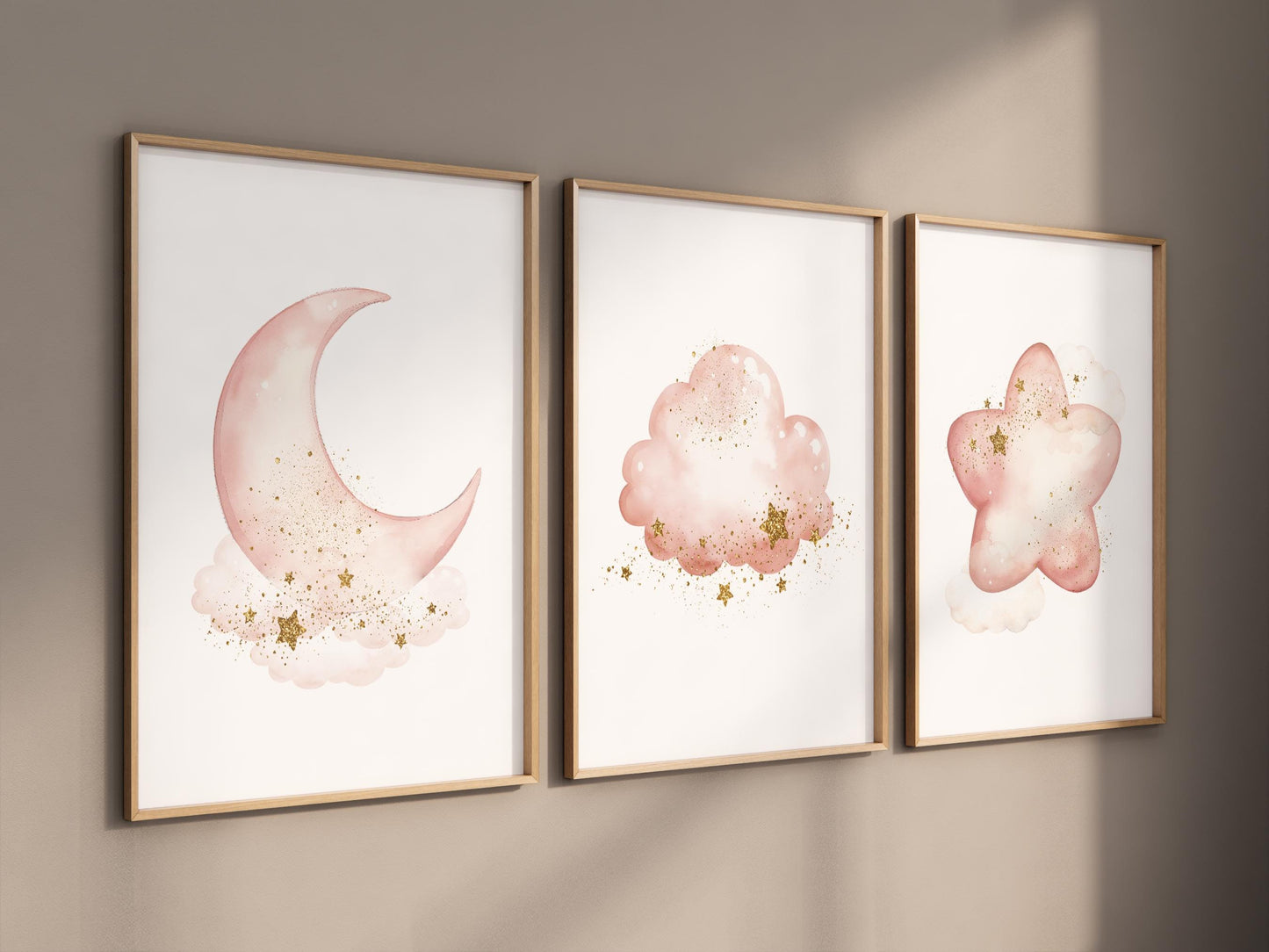 Blush moon and stars nursery art, Moon, cloud, and star prints for baby room, Nursery prints rainbow, pink and gold nursery artwork