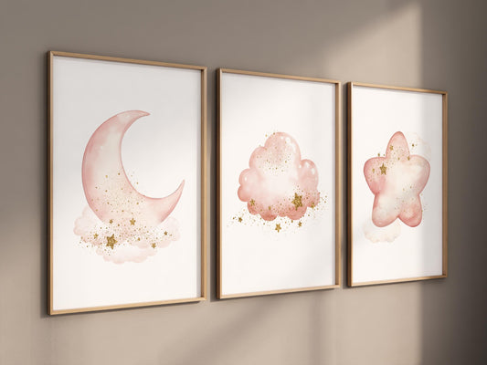 Blush moon and stars nursery art, Moon, cloud, and star prints for baby room, Nursery prints rainbow, pink and gold nursery artwork