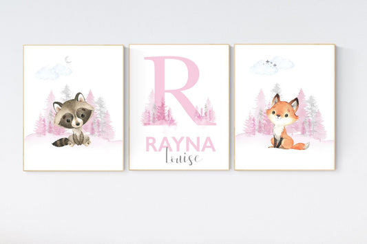 Nursery decor woodland, girl nursery decor, pink nursery, Woodland Nursery Wall Art, Woodland Print Set, animal prints, Woodland Animals