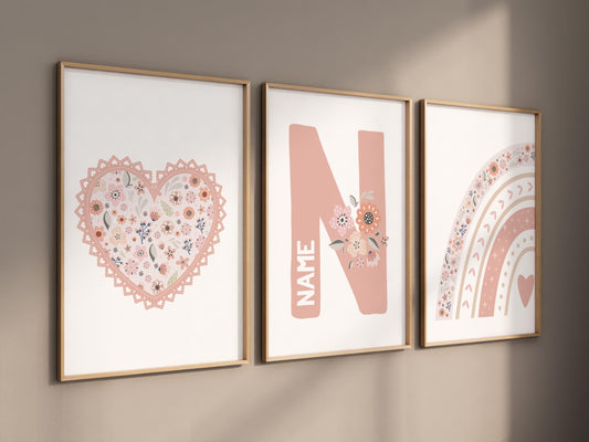 Personalized floral name nursery prints, heart and rainbow wall art for girls, Blush pink boho nursery decor, Custom name initial print