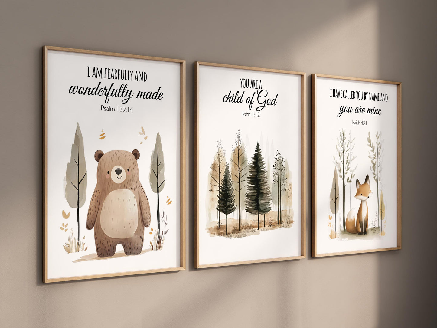 Woodland Bible Verse Nursery Wall Art, Bear Fox Forest Prints, Christian Baby Room Decor, Scripture Animal Posters, Gender Neutral Set