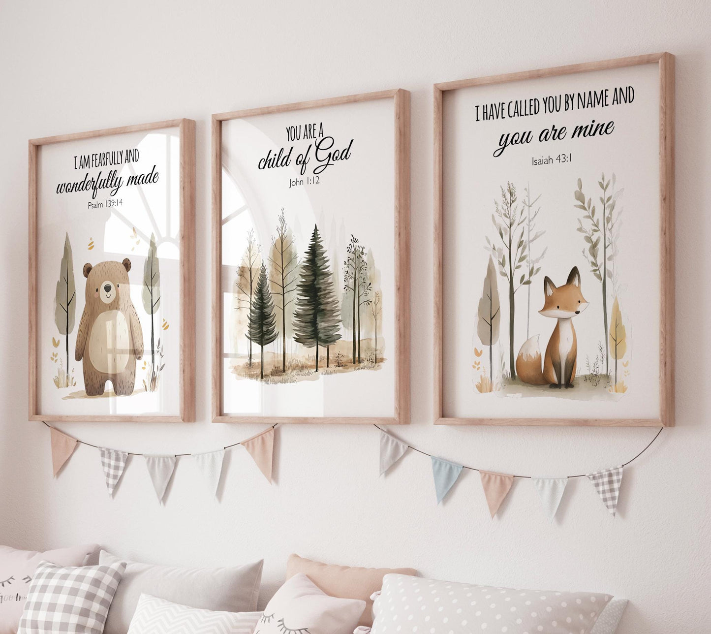 Woodland Bible Verse Nursery Wall Art, Bear Fox Forest Prints, Christian Baby Room Decor, Scripture Animal Posters, Gender Neutral Set
