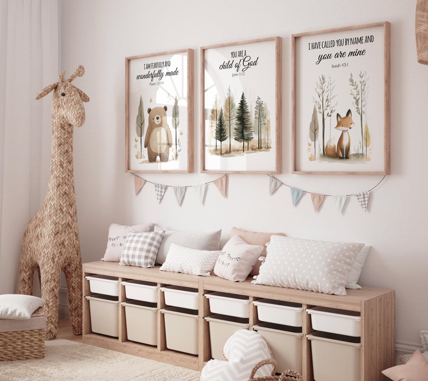Woodland Bible Verse Nursery Wall Art, Bear Fox Forest Prints, Christian Baby Room Decor, Scripture Animal Posters, Gender Neutral Set