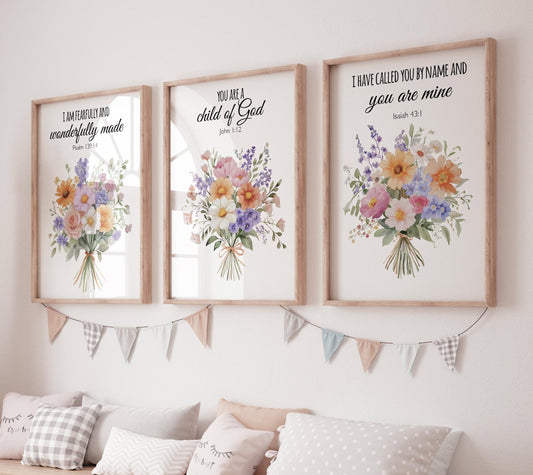Bible Verse Floral Wall Art Set, Scripture Flower Prints, Christian Watercolor Botanical Decor for Bedroom, Nursery, or Living Room